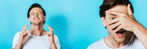 Коллаж человека со скрещенными пальцами и закрывающим лицом с рукой на синем фоне — стоковое фото