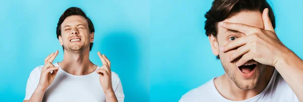 Collage of man with crossed fingers and covering face with hand on blue background — Stock Photo