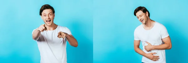 Collage of laughing and excited man in white t-shirt on blue background — Stock Photo