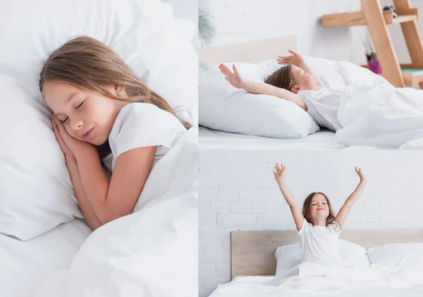 Collage di ragazza dormire, risveglio e stretching a letto — Foto stock