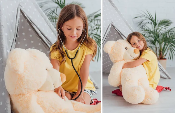 Collage of girl hugging teddy bear and playing doctor with stethoscope near kids wigwam — Stock Photo