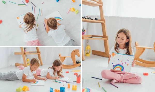 Collage of siblings drawing with felt pens near building blocks, and girl showing drawing while sitting on floor — Stock Photo