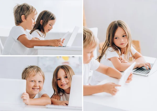 Collage of brother and sister using laptops together at home while sitting at table — Stock Photo