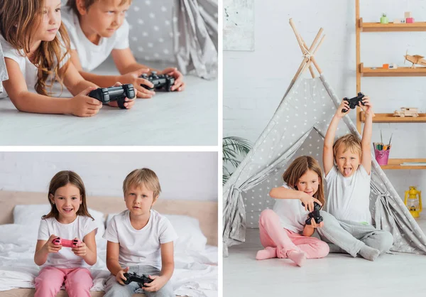 KYIV, UCRANIA - 21 de julio de 2020: collage de hermano y hermana jugando videojuegos en wigmam infantil y en el dormitorio - foto de stock