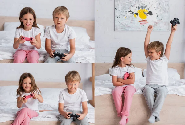 KIEW, UKRAINE - 21. JULI 2020: Collage von Bruder und Schwester im Schlafanzug beim Videospiel, und Junge mit Siegergeste in der Nähe eines aufgebrachten Mädchens — Stockfoto