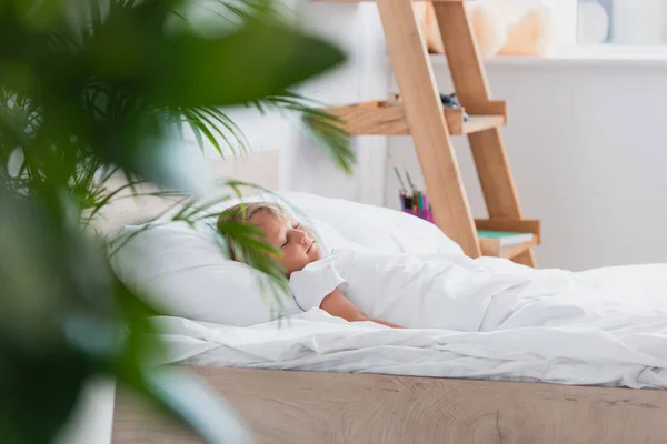 Selective focus of boy sleeping in bed in morning — Stock Photo