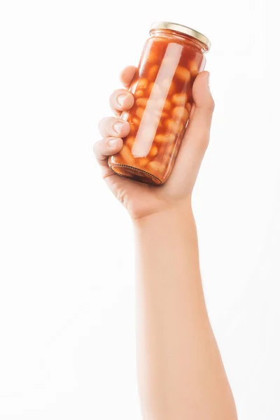 Cropped view of woman holding canned beans isolated on white, charity concept — Stock Photo