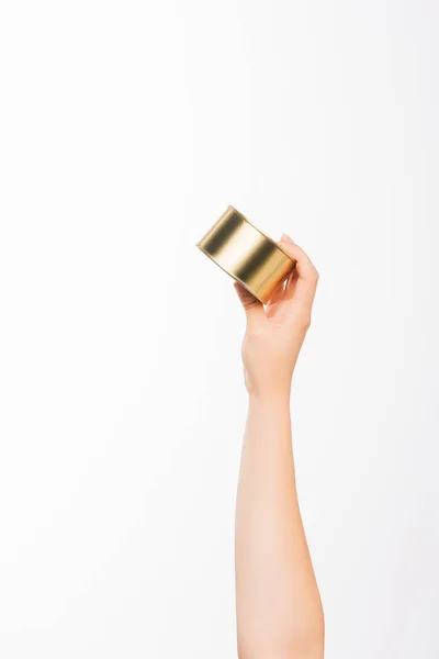 Cropped view of woman holding canned beans isolated on white, charity concept — Stock Photo