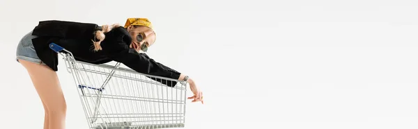 Side view of fashionable woman posing on shopping cart isolated on white, panoramic shot — Stock Photo