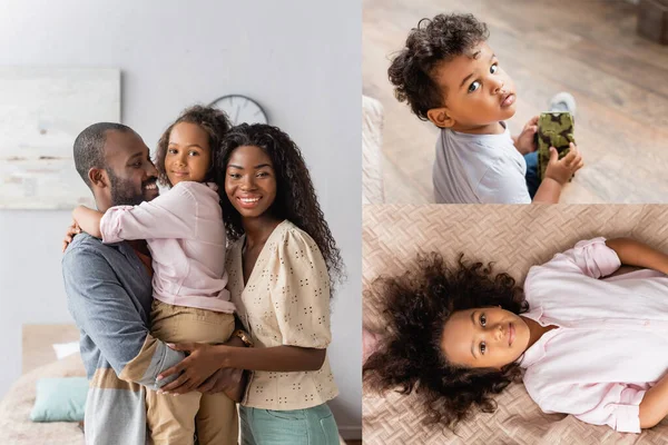 Collage of african american parents holding daughter on hands, boy with toy and girl lying on bed — Stock Photo