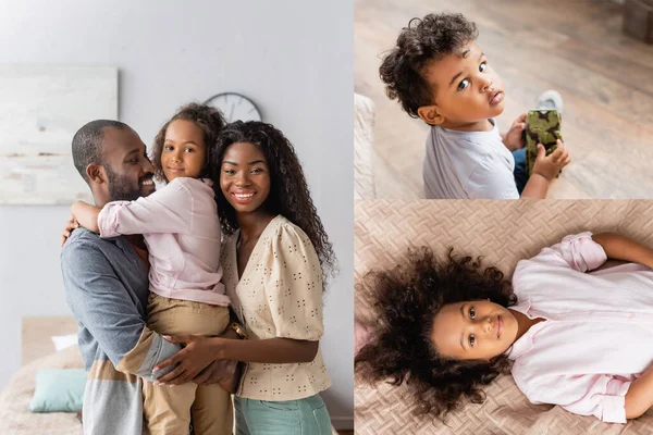 Collage Of African American Parents Holding Daughter On Hands Boy With Toy And Girl Lying On Bed Brother Black Girl Stock Photo
