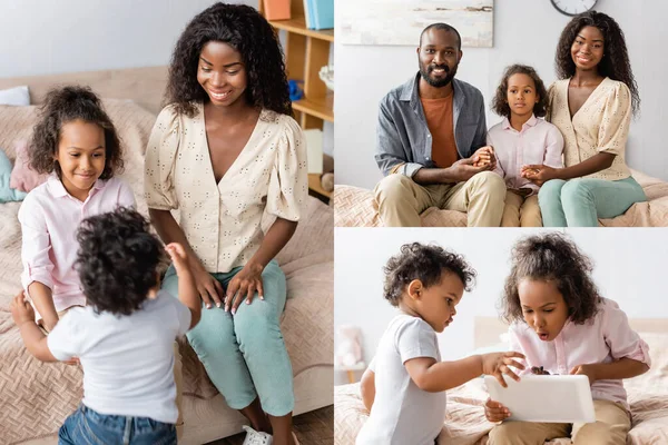 Collage de la familia afroamericana sentada en el dormitorio, usando tableta digital y mirando a la cámara - foto de stock