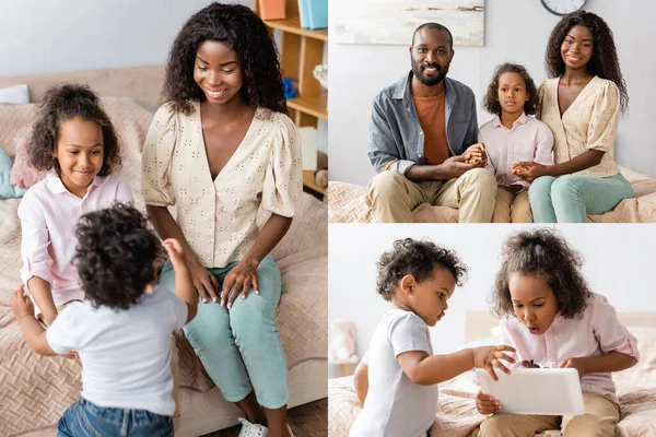 Collage einer afrikanisch-amerikanischen Familie, die im Schlafzimmer sitzt, ein digitales Tablet benutzt und in die Kamera blickt — Stockfoto