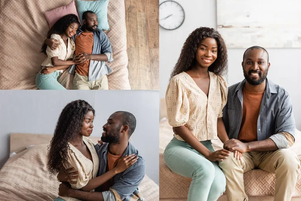 Collage di coppia afro-americana sdraiata a letto, abbracciata e guardando la telecamera a casa — Foto stock