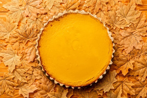 Top view of pumpkin pie with autumnal foliage on wooden background — Stock Photo