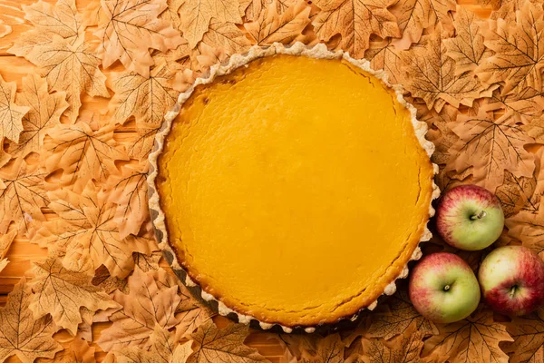 Top view of thanksgiving pumpkin pie with apples and autumnal foliage on wooden background — Stock Photo