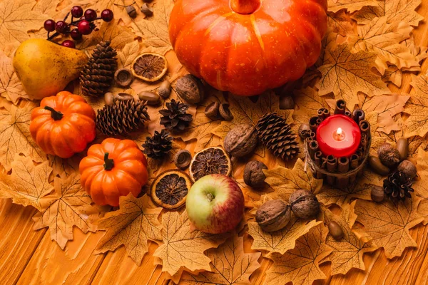 Burning candle with pumpkins and autumnal decoration on golden foliage — Stock Photo