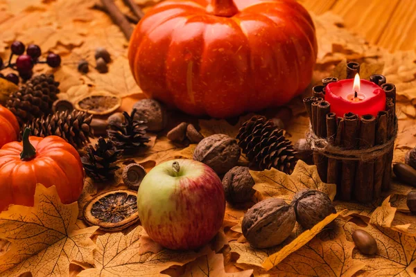 Brennende Kerze mit Kürbissen und herbstlicher Dekoration auf goldenem Laub — Stockfoto