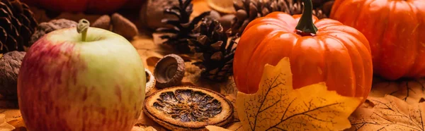 Autumnal harvest and decoration with golden foliage, panoramic shot — Stock Photo