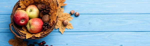 Top view of autumnal wicker basket with apples, nuts and cones on blue wooden background, panoramic shot — Stock Photo