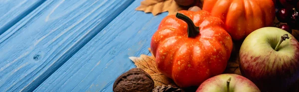 Autumnal harvest and foliage on blue wooden background, panoramic shot — Stock Photo