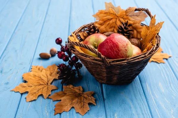 Cesto di vimini autunnale con mele e fogliame su fondo di legno blu — Foto stock