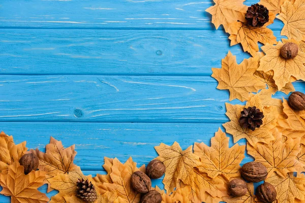 Top view of autumnal foliage with nuts and cones on blue wooden background — Stock Photo