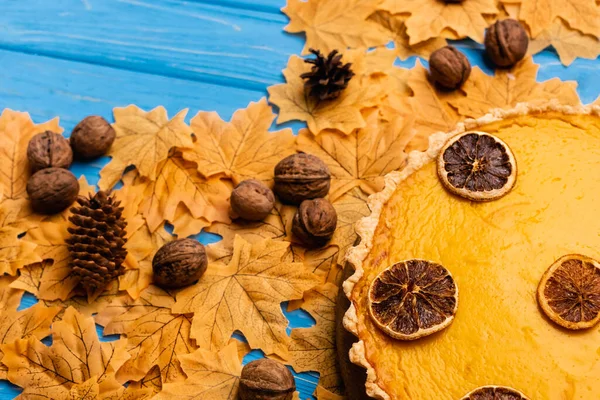 Vista dall'alto di torta di zucca su fogliame autunnale con noci e coni — Foto stock