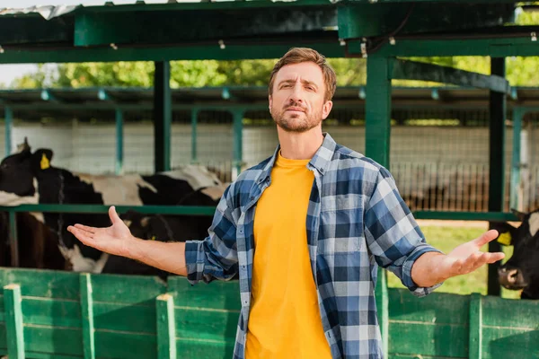 Фермер в клетчатой рубашке смотрит в камеру, стоя с распростертыми объятьями возле коровника — стоковое фото