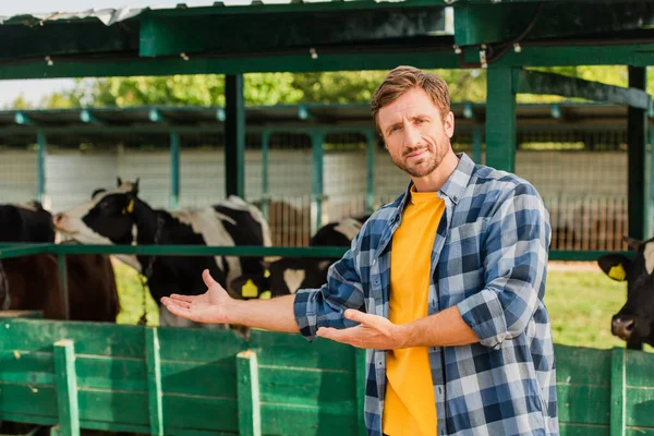 Farmer in plaid shirt looking at camera and pointing at cowshed with hands — Stock Photo