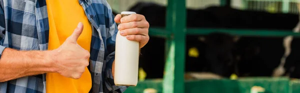 Vista recortada del ranchero sosteniendo botella de leche fresca y mostrando el pulgar hacia arriba, imagen horizontal - foto de stock