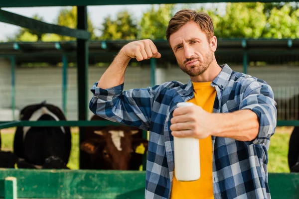 Focus selettivo dell'agricoltore in camicia a scacchi con bottiglia di latte, dimostrando al contempo potenza — Foto stock