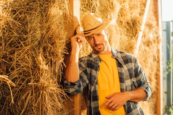 Rancher in plaid shirt looking at camera and touching straw hat while leaning on hay stack — Stock Photo