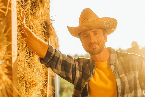 Agricultor en camisa a cuadros y sombrero de paja mirando a la cámara mientras se apoya en la paca de heno - foto de stock