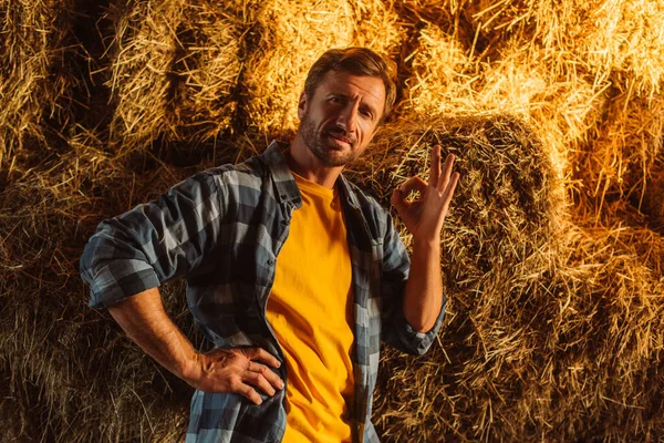 Bauer im karierten Hemd steht mit der Hand an der Hüfte und zeigt Ok-Geste in der Nähe von Heuhaufen — Stockfoto