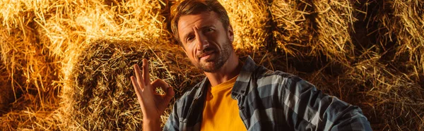 Website header of rancher looking at camera and showing ok gesture near stack of hay — Stock Photo