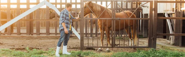 Panoramisches Konzept von Rancher in kariertem Hemd und Gummistiefeln, die braunes Pferd im Gehege berühren — Stockfoto