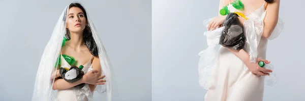 Collage of young woman with plastic bag on head standing in silk dress with empty bottles isolated on grey, ecology concept — Stock Photo