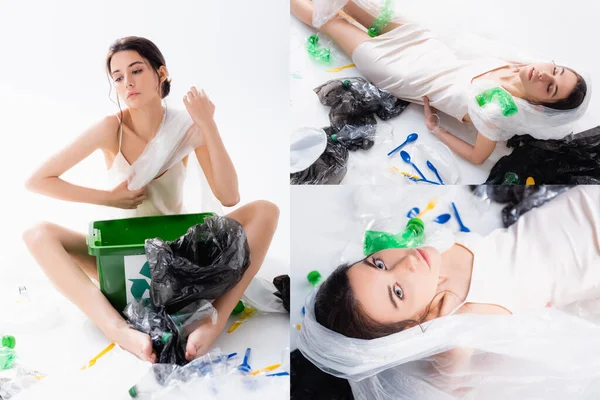 Collage of barefoot woman in silk dress sitting near plastic bags, bottles and trash bin with recycle sign on white, ecology concept — Stock Photo