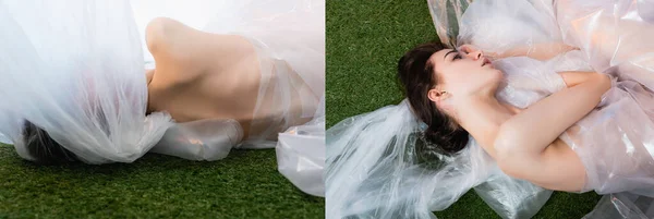 Colagem de modelo jovem envolto em polietileno deitado na grama, conceito de ecologia — Fotografia de Stock