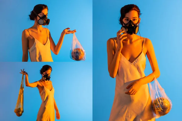 Collage einer Frau, die eine Gasmaske berührt, Plastiktüte mit Globus und wiederverwendbare Saitentüte mit Früchten auf blauem Grund hält — Stockfoto