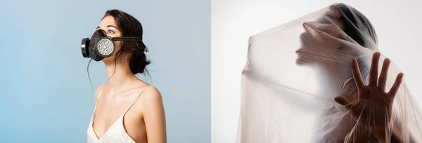 Collage of brunette woman in gas mask looking up and touching polyethylene while screaming on grey and white, ecology concept — Stock Photo