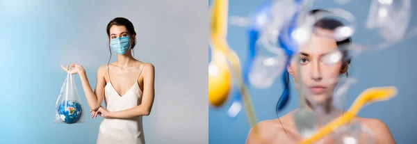 Colagem de modelo em máscara médica segurando saco de plástico com globo e olhando para a câmera perto de colheres em azul, conceito de ecologia — Fotografia de Stock