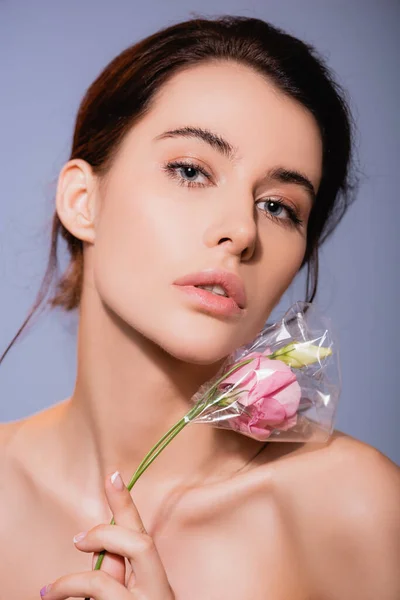 Mujer desnuda y morena sosteniendo flores en polietileno aislado en gris, concepto de ecología - foto de stock