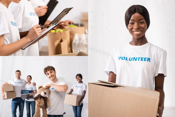 Collage de voluntarios multiculturales con portapapeles, juguetes blandos y paquetes en el centro de caridad - foto de stock