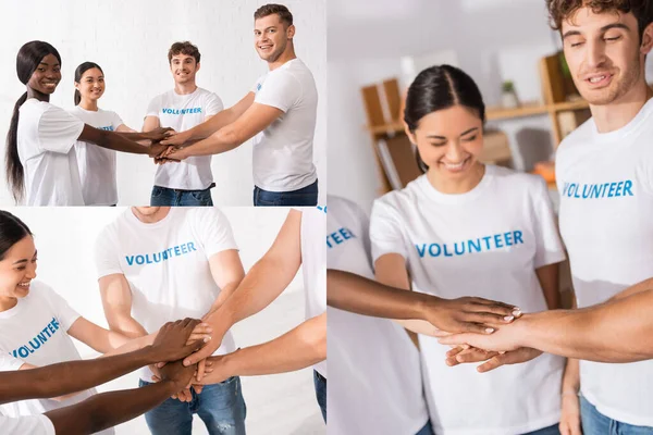 Collage of young multicultural volunteers in white t-shirts with lettering holding hands in charity center — Stock Photo