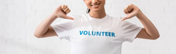 Panoramic crop of young volunteer pointing with fingers at t-shirt — Stock Photo