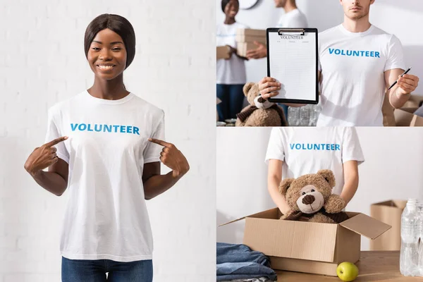 Collage de bénévoles multiethniques pointant du doigt le t-shirt, tenant un presse-papiers et mettant un jouet en paquet dans un centre caritatif — Photo de stock