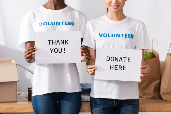 Vista ritagliata di volontari multietnici in possesso di carte con ringraziamento e donare qui lettering — Foto stock