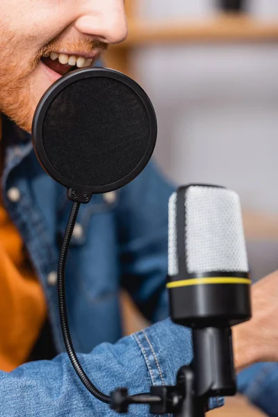 Vue recadrée du diffuseur excité parlant au microphone sur le lieu de travail — Photo de stock